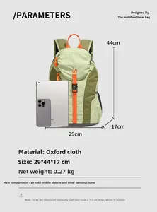 Detailed view showing oxford fabric backpack dimensions with tablet and phone reference