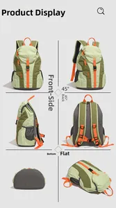 Detailed multi-angle views of a lightweight outdoor travel backpack with green color-blocking