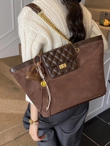 Brown vintage suede tote bag with quilted chain straps and charms for women