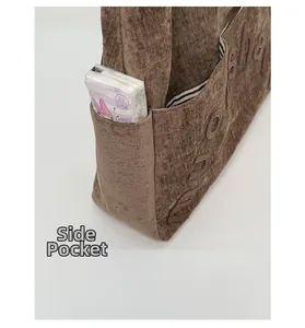 Vue détaillée de la poche latérale sur un sac cabas marron texturé avec gaufrage