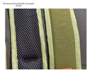 Detail of padded breathable shoulder straps with mesh lining and contrast green piping