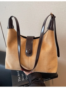Retro camel suede hobo bag with dark brown patent leather straps and moon shape
