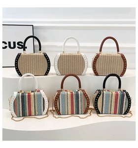Detailed close-up of rainbow woven box bags with gold rivets and chain straps in 6 colors