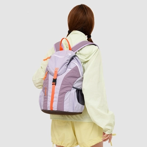 Close-up of lightweight purple outdoor backpack with contrast orange straps and zippers