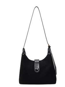 Retro black suede hobo shoulder bag for women with leather trim and minimalist design