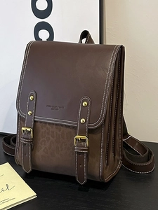 Japanese style vintage dark brown leather backpack with leopard print trim and gold buckles