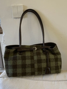 Women's Retro Plaid Woolen Tote Bag Large Capacity Shoulder Bag Korean Style Autumn Winter Casual Office Handbag
