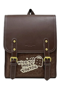 Japanese style retro dark brown faux leather backpack with bear embroidery for women
