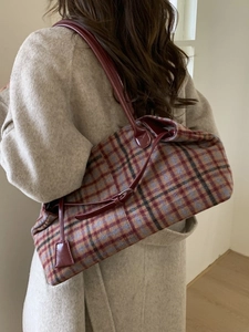 Vintage plaid tote bag in wool fabric with glossy red leather straps for autumn winter