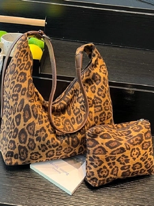 Fashion Leopard Print Tote Bag Large Capacity Suede Hobo Bag For Women Office Commute Underarm Shoulder Bag With Small Pouch