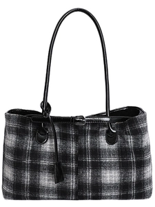 Classic black and white checkered plaid tote bag with glossy black straps and metal buckle