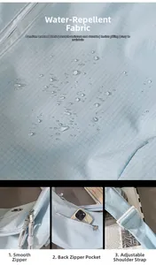 Waterproof detail of light blue nylon sling bag showing zipper and adjustable strap