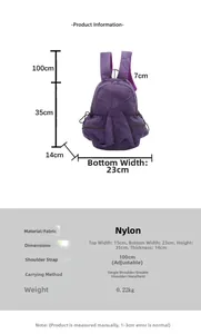 Size guide for purple nylon backpack showing dimensions and adjustable straps detail