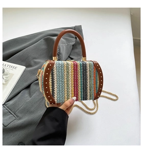 Close-up of rainbow woven cylinder bag with leather trim and gold chain strap details