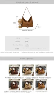 Infographic showing dimensions and color options for the large suede hobo bag
