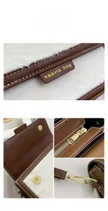 Détails du cuir grainé marron avec fausse fourrure blanche et ferrures dorées de luxe