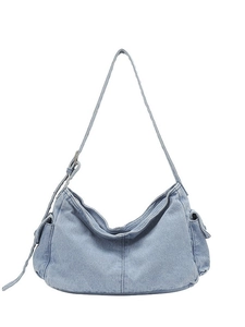 Large capacity light blue denim hobo shoulder bag with utility side pockets and wide strap