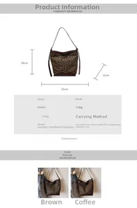 Size chart and specifications for the leopard print velvet bucket bag showing dimensions