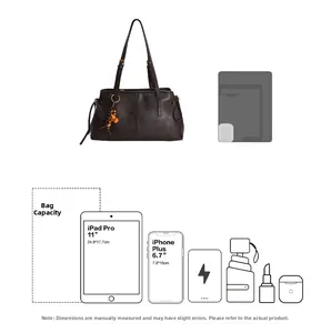 Detail of dark brown tote bag capacity showing compatibility with 11-inch tablet and phone