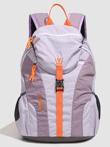 Lightweight color-block outdoor travel backpack in purple and grey with orange accents
