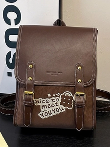 Women Retro PU Leather Backpack Large Capacity Preppy Style British School Bag With Contrast Stitching Teddy Bear Decor
