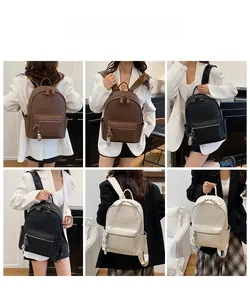 Detail shots of woven faux leather backpack in brown, black, and beige with bear charm