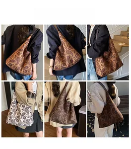 Detail shots showing oversized paisley pattern canvas tote bags in brown and beige tones