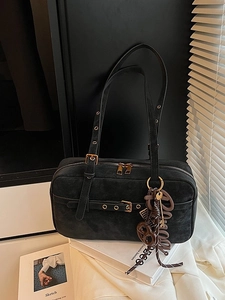 Retro black matte underarm shoulder bag with luxury metal buckle and decorative charms