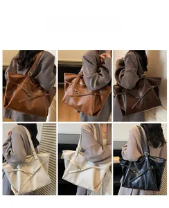 Collage of model carrying various large leather tote bags in brown and beige colors
