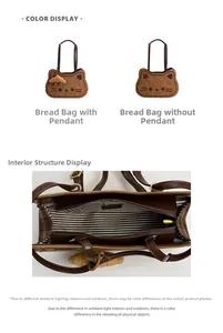 Detail view of the cat-shaped toasted bread bag with striped lining and croissant charm