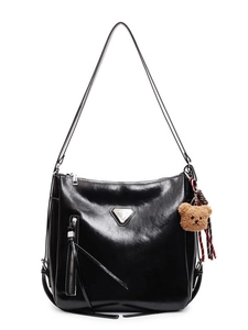 Versatile black glossy leather bucket bag with metal logo and plush bear charm