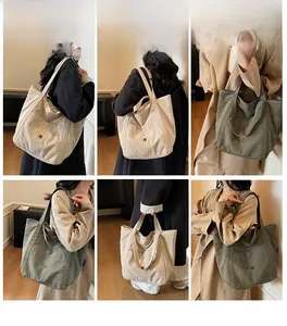 Detailed views of versatile canvas tote bag showing stitching and retro logo buckle
