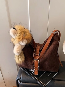 Retro Large Capacity Woven Texture Bucket Bag For Women Suede PU Leather Hobo Shoulder Crossbody Bag With Lion Pendant Decor