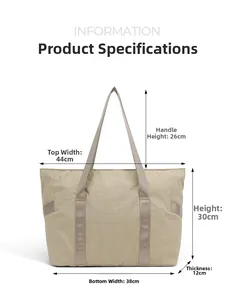 Tableau des dimensions du sac fourre-tout beige montrant la hauteur et la largeur