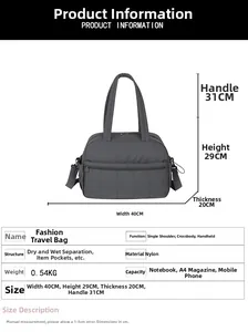 Detailed size chart and specifications for the large capacity nylon travel bag