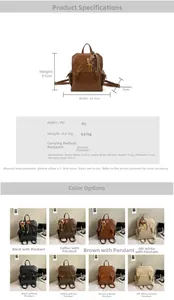 Detailed size chart and multi-color specifications for the PU leather vintage backpack