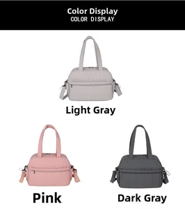 Three travel bags in grey and pink showing waterproof fabric and shoulder straps