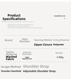 Detailed size and material chart for the lightweight washed fabric backpack