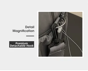 Detail magnification of preferred detachable hook and woven strap on travel bag