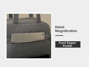 Detail view of the front zipper pocket on a grey travel bag holding a tablet device