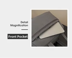 Detail view showing front zipper pocket of grey travel bag holding a laptop