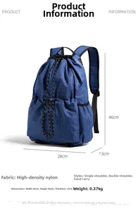 Detailed dimension chart showing size 28x46x13cm for the blue nylon drawstring backpack