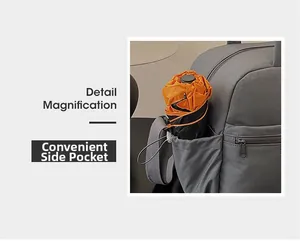 Detail magnification of the side pocket on a grey travel bag holding an umbrella