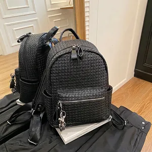 Women Fashion PU Leather Woven Texture Backpack Large Capacity Travel Daypack With Metal Bear Pendant Urban Casual Rucksack