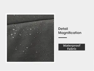 Macro detail showing waterproof fabric with water droplets on black travel shoulder bag surface