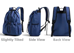 Three-view layout of blue checkered drawstring backpack with mesh side pocket