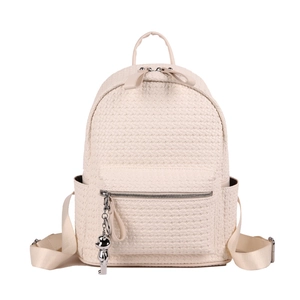 Fashionable beige woven leather backpack with silver robot charm and large capacity
