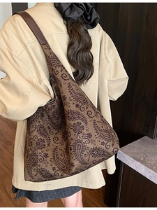 Vintage brown paisley printed tote bag with large capacity and soft leather shoulder strap