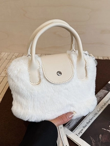 Cute Faux Fur Plush Bucket Bag For Women Urban Minimalist Solid Color Crossbody Handbag With Magnetic Buckle Fall Winter Shoulder Bag