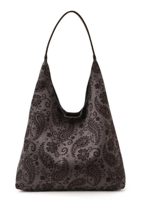 Large dark grey paisley print tote bag with a minimalist shoulder strap on white background